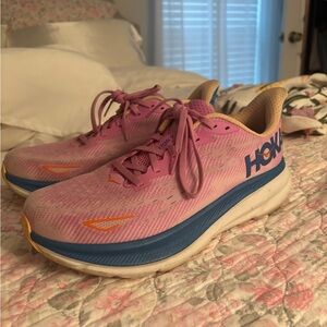 Hoka Women’s Pink and Blue Road-Running Shoes with Orange Accents